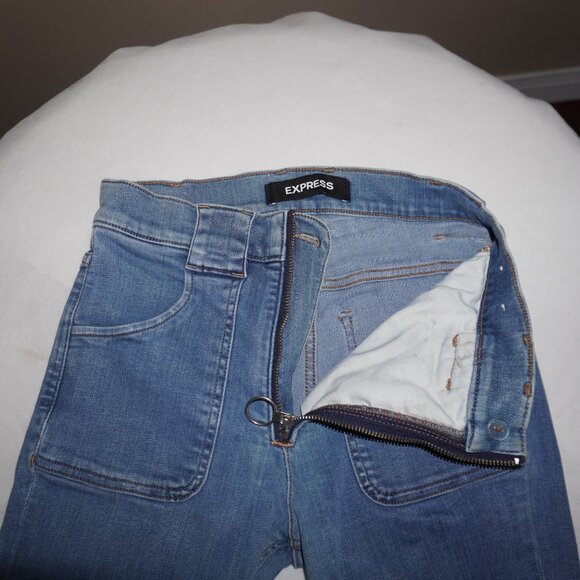 Express Bell Slim Flare High Rise Silver Ring Zip Denim Stretch Jeans 8R Retro - Picture 4 of 9
